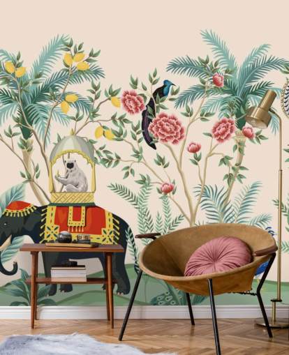 illustrert kledd elefant, påfugl og ape i blomstrede jungelen tapet