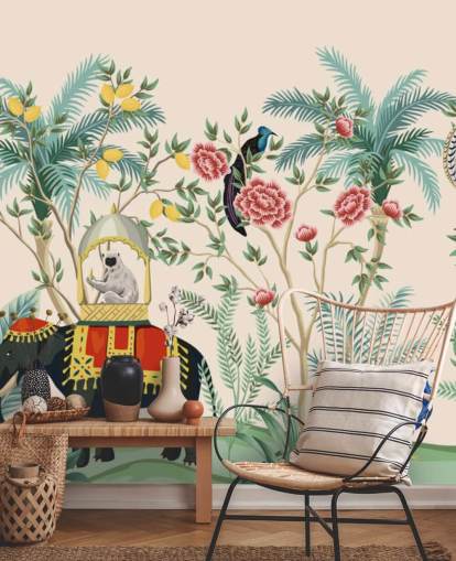 illustrert kledd elefant, påfugl og ape i blomstrede jungelen tapet illustrert kledd elefant, påfugl og ape i blomstrede jungelen tapet