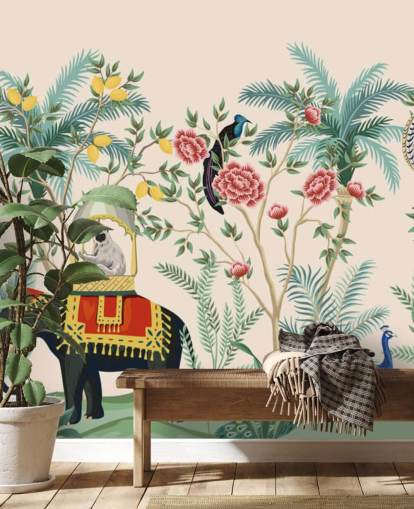 papier peint éléphant, paon et singe habillés illustrés dans la jungle fleurie