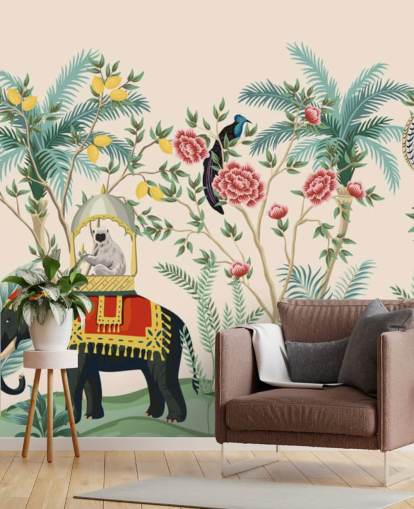 illustrated dressed elephant, peacock and monkey in flowered jungle wallpaper