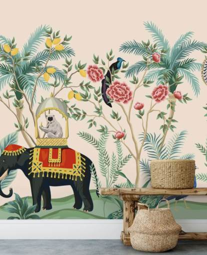 illustrerade klädd elefant, påfågel och apa i blommig djungel tapeter