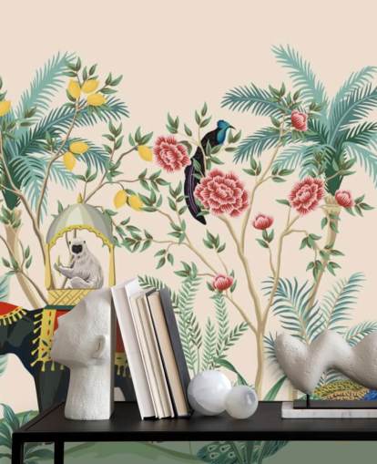 illustrerade klädd elefant, påfågel och apa i blommig djungel tapeter