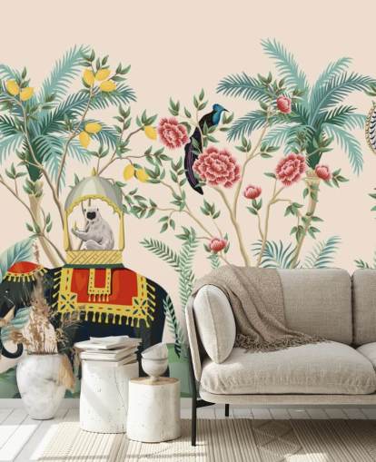 papier peint éléphant, paon et singe habillés illustrés dans la jungle fleurie