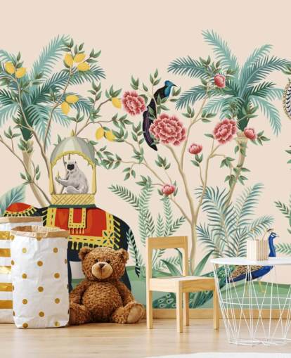 illustrierter gekleideter Elefant, Pfau und Affe im blühenden Dschungel Tapete