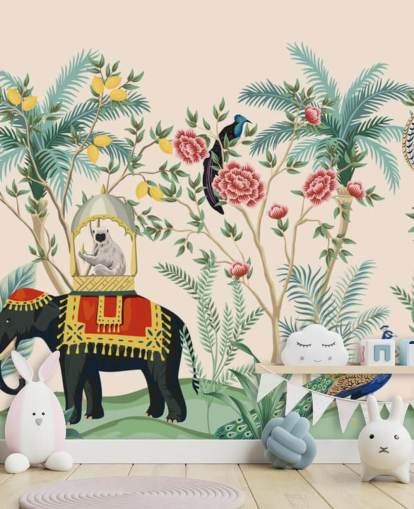 illustrated dressed elephant, peacock and monkey in flowered jungle wallpaper
