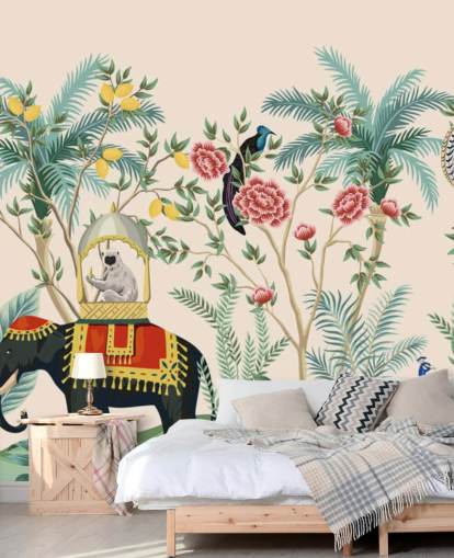 illustrierter gekleideter Elefant, Pfau und Affe im blühenden Dschungel Tapete illustrierter gekleideter Elefant, Pfau und Affe im blühenden Dschungel Tapete