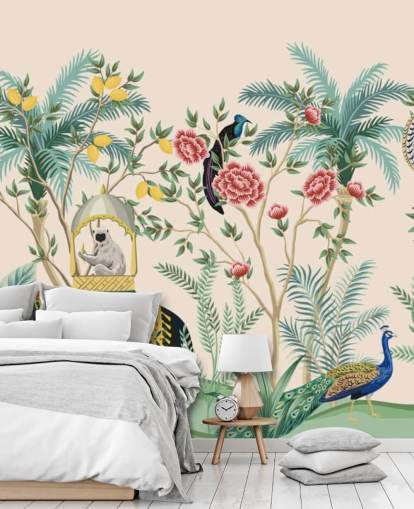 papier peint éléphant, paon et singe habillés illustrés dans la jungle fleurie