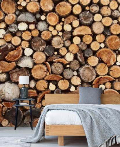 brunt log tapet vægmaleri kaldet Pile of Fire Wood til virksomheder 