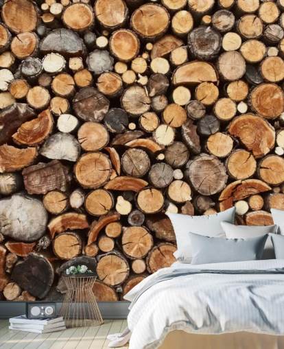 brunt tømmertapet veggmaleri kalt Pile of Fire Wood for bedrifter 