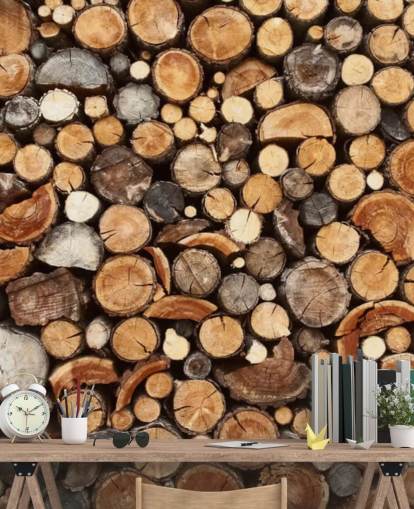 brunt log tapet vægmaleri kaldet Pile of Fire Wood til virksomheder 