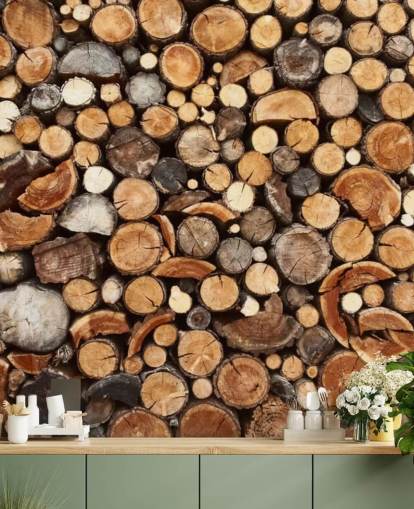 mural de papel pintado de troncos marrones llamado Pile of Fire Wood para empresas 