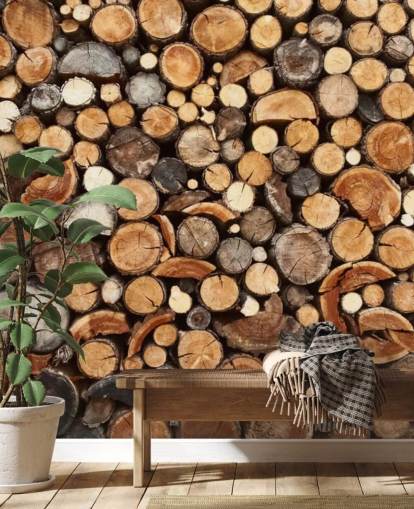 brunt tømmertapet veggmaleri kalt Pile of Fire Wood for bedrifter 