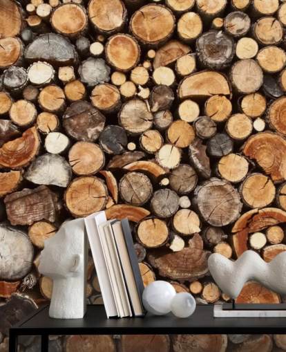 mural de papel pintado de troncos marrones llamado Pile of Fire Wood para empresas 