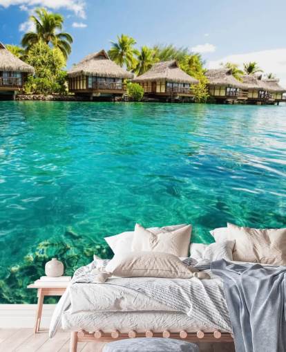 blå anpassad tropisk tapet väggmålning kallad Tropical Lagoon Heaven för vardagsrum, kök och matsalar