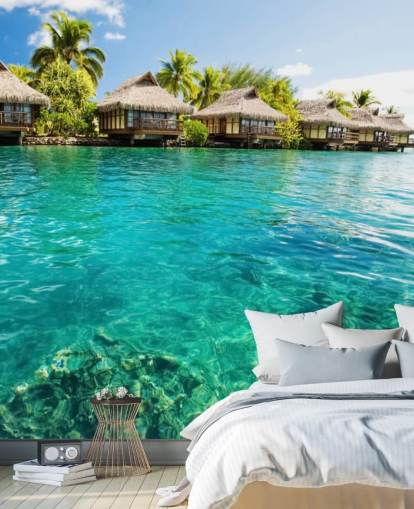 blauwe tropische behangmuurschildering op maat genaamd Tropical Lagoon Heaven voor woonkamers, keukens en eetkamers blauwe tropische behangmuurschildering op maat genaamd Tropical Lagoon Heaven voor woonkamers, keukens en eetkamers