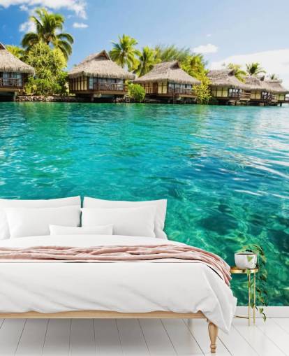 blå anpassad tropisk tapet väggmålning kallad Tropical Lagoon Heaven för vardagsrum, kök och matsalar