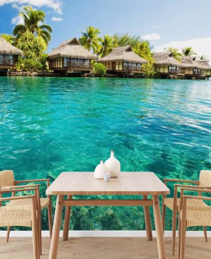 carta da parati tropicale personalizzata blu chiamata Tropical Lagoon Heaven per salotti, cucine e sale da pranzo