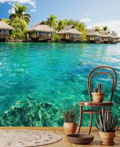 blått tilpasset tropisk tapet veggmaleri kalt Tropical Lagoon Heaven for stuer, kjøkken og spiserom