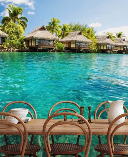 blauwe tropische behangmuurschildering op maat genaamd Tropical Lagoon Heaven voor woonkamers, keukens en eetkamers