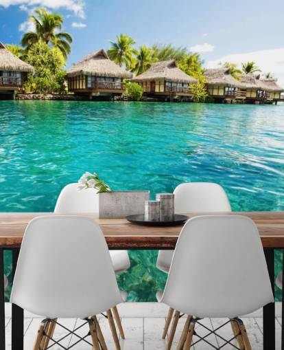 carta da parati tropicale personalizzata blu chiamata Tropical Lagoon Heaven per salotti, cucine e sale da pranzo carta da parati tropicale personalizzata blu chiamata Tropical Lagoon Heaven per salotti, cucine e sale da pranzo