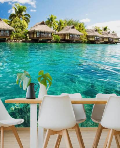 blaues kundenspezifisches tropisches Tapeten-Wandbild namens Tropical Lagoon Heaven für Wohnzimmer, Küchen und Esszimmer