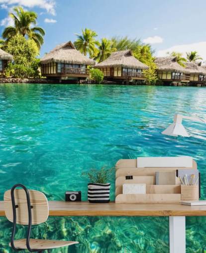 blauwe tropische behangmuurschildering op maat genaamd Tropical Lagoon Heaven voor woonkamers, keukens en eetkamers