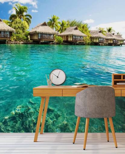 mural de papel pintado tropical personalizado azul llamado Tropical Lagoon Heaven para salas de estar, cocinas y comedores mural de papel pintado tropical personalizado azul llamado Tropical Lagoon Heaven para salas de estar, cocinas y comedores