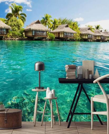 blauwe tropische behangmuurschildering op maat genaamd Tropical Lagoon Heaven voor woonkamers, keukens en eetkamers blauwe tropische behangmuurschildering op maat genaamd Tropical Lagoon Heaven voor woonkamers, keukens en eetkamers