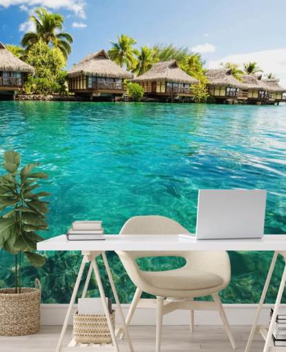 blaues kundenspezifisches tropisches Tapeten-Wandbild namens Tropical Lagoon Heaven für Wohnzimmer, Küchen und Esszimmer