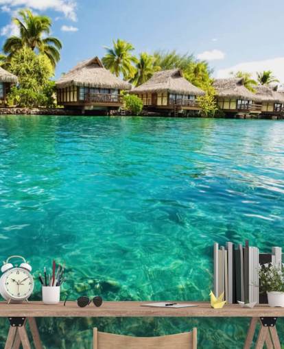 blå brugerdefineret tropisk tapetmaleri kaldet Tropical Lagoon Heaven til stuer, køkkener og spisestuer blå brugerdefineret tropisk tapetmaleri kaldet Tropical Lagoon Heaven til stuer, køkkener og spisestuer