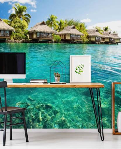 mural de papel de parede tropical personalizado azul chamado Tropical Lagoon Heaven para salas de estar, cozinhas e salas de jantar