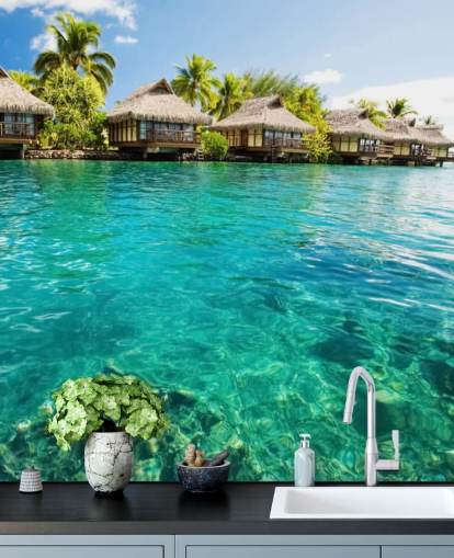 blue custom tropical wallpaper mural called Tropical Lagoon Heaven for living rooms, kitchens and dining rooms