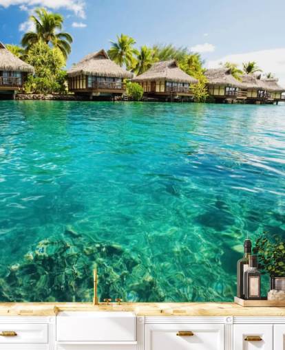 blauwe tropische behangmuurschildering op maat genaamd Tropical Lagoon Heaven voor woonkamers, keukens en eetkamers blauwe tropische behangmuurschildering op maat genaamd Tropical Lagoon Heaven voor woonkamers, keukens en eetkamers
