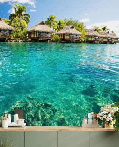 blå brugerdefineret tropisk tapetmaleri kaldet Tropical Lagoon Heaven til stuer, køkkener og spisestuer blå brugerdefineret tropisk tapetmaleri kaldet Tropical Lagoon Heaven til stuer, køkkener og spisestuer