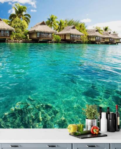 blue custom tropical wallpaper mural called Tropical Lagoon Heaven for living rooms, kitchens and dining rooms