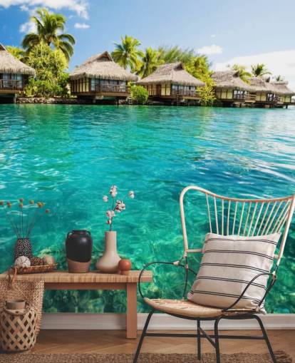 blauwe tropische behangmuurschildering op maat genaamd Tropical Lagoon Heaven voor woonkamers, keukens en eetkamers