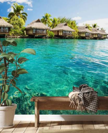 blue custom tropical wallpaper mural called Tropical Lagoon Heaven for living rooms, kitchens and dining rooms