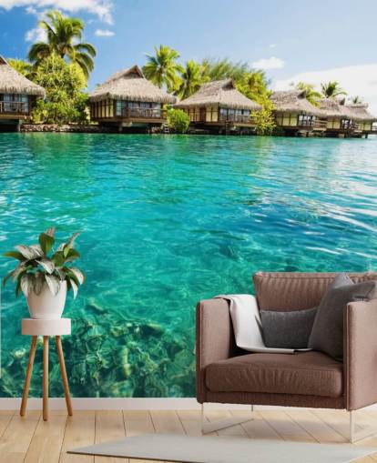 mural de papel pintado tropical personalizado azul llamado Tropical Lagoon Heaven para salas de estar, cocinas y comedores