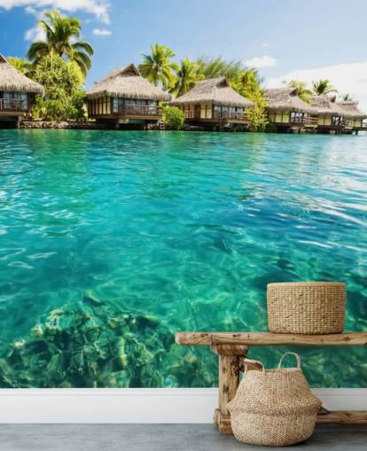 blauwe tropische behangmuurschildering op maat genaamd Tropical Lagoon Heaven voor woonkamers, keukens en eetkamers