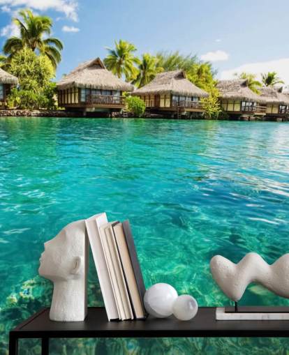 blå anpassad tropisk tapet väggmålning kallad Tropical Lagoon Heaven för vardagsrum, kök och matsalar