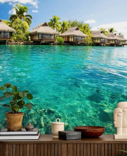 carta da parati tropicale personalizzata blu chiamata Tropical Lagoon Heaven per salotti, cucine e sale da pranzo carta da parati tropicale personalizzata blu chiamata Tropical Lagoon Heaven per salotti, cucine e sale da pranzo