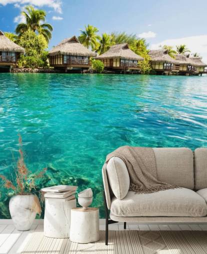 blue custom tropical wallpaper mural called Tropical Lagoon Heaven for living rooms, kitchens and dining rooms blue custom tropical wallpaper mural called Tropical Lagoon Heaven for living rooms, kitchens and dining rooms