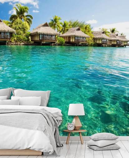 blått tilpasset tropisk tapet veggmaleri kalt Tropical Lagoon Heaven for stuer, kjøkken og spiserom blått tilpasset tropisk tapet veggmaleri kalt Tropical Lagoon Heaven for stuer, kjøkken og spiserom