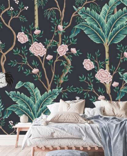 papel pintado chinoiserie floral y pájaro oscuro