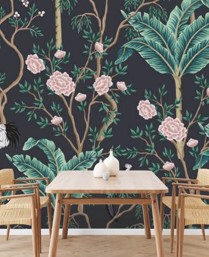 papel de parede floral escuro e chinoiserie de pássaros