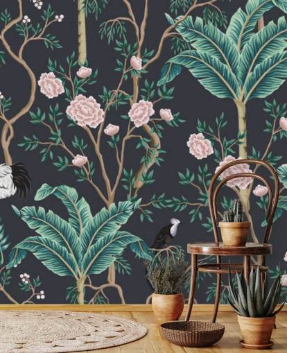 papel de parede floral escuro e chinoiserie de pássaros