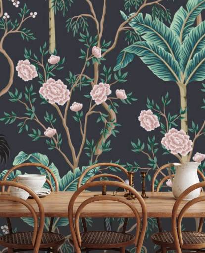 tumma kukka ja lintu chinoiserie tapetti