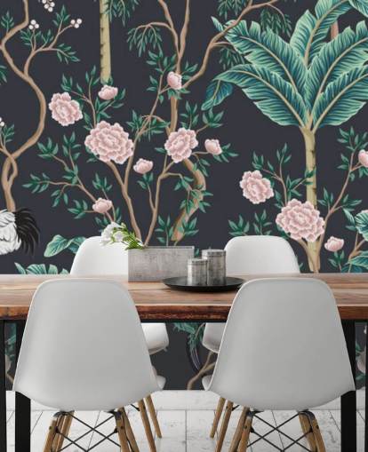 dunkle Blumen- und Vogel-Chinoiserie-Tapete