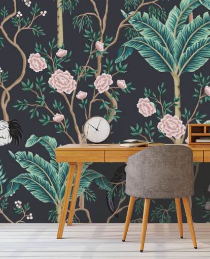 papel de parede floral escuro e chinoiserie de pássaros