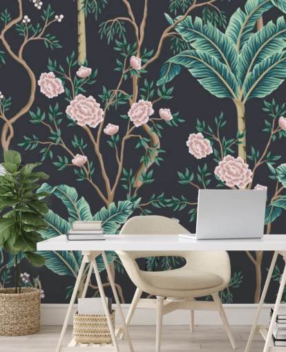 dark floral and bird chinoiserie wallpaper